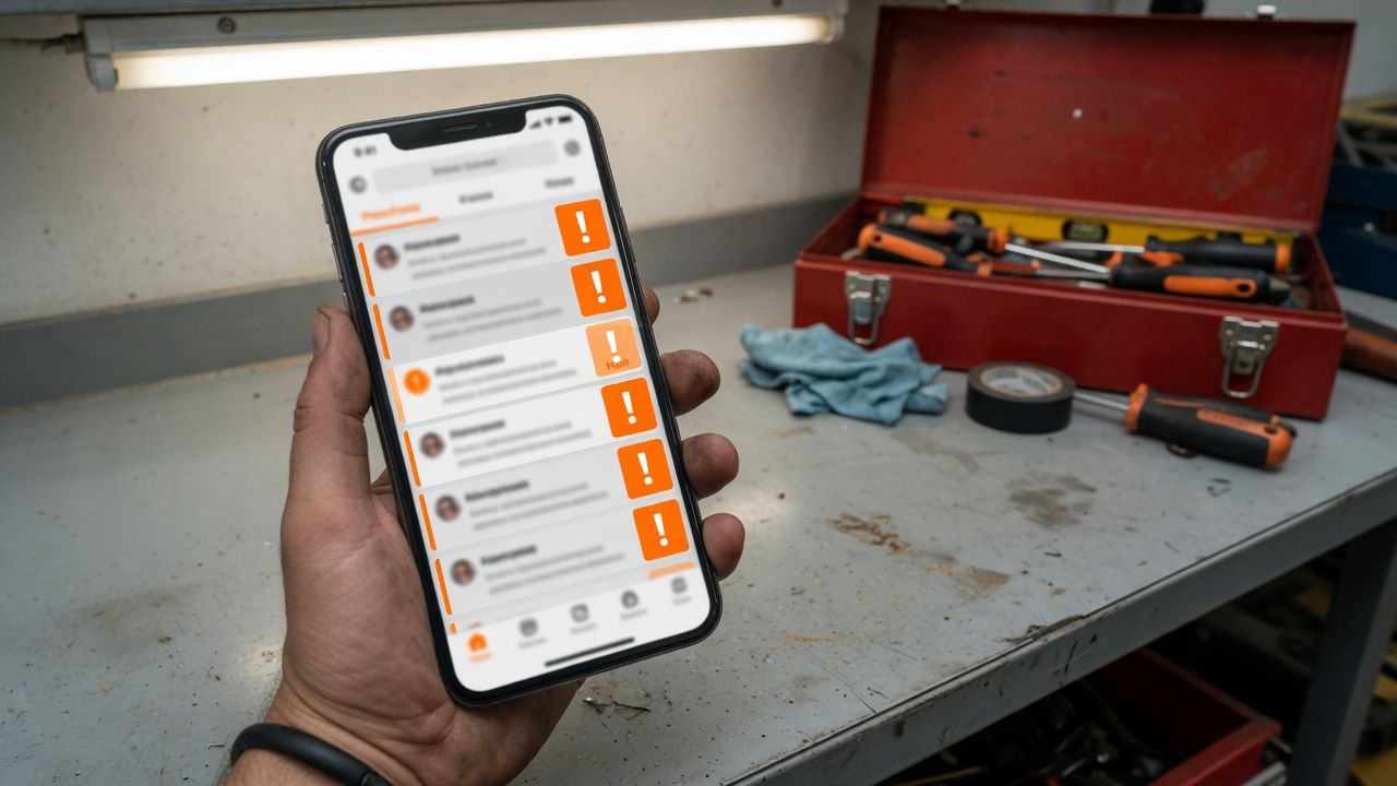 Smartphone showing a prioritized lead inbox on a workshop counter