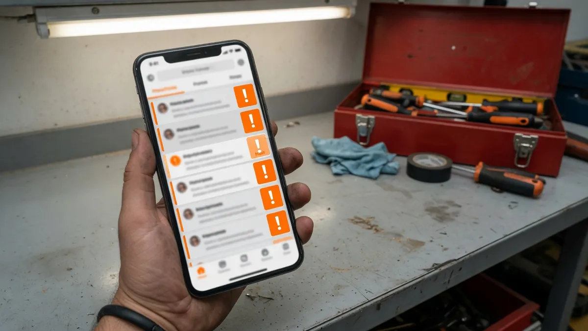 Smartphone showing a prioritized lead inbox on a workshop counter