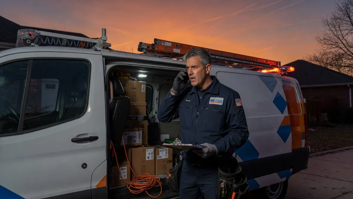 HVAC technician taking an urgent callback beside a service van at dusk