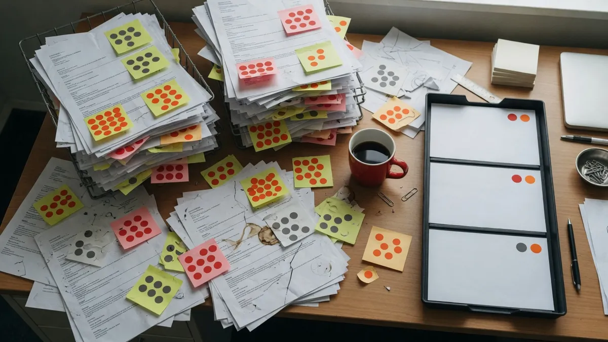 Desk covered in contact-form printouts and sticky notes
