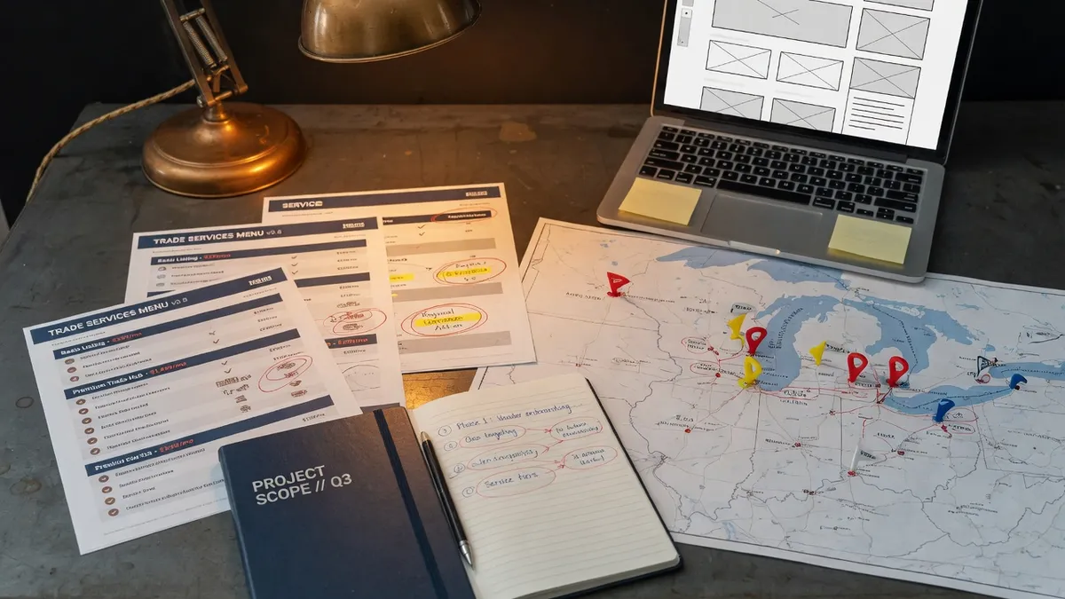 Trade website project scoping with maps and wireframes on a desk