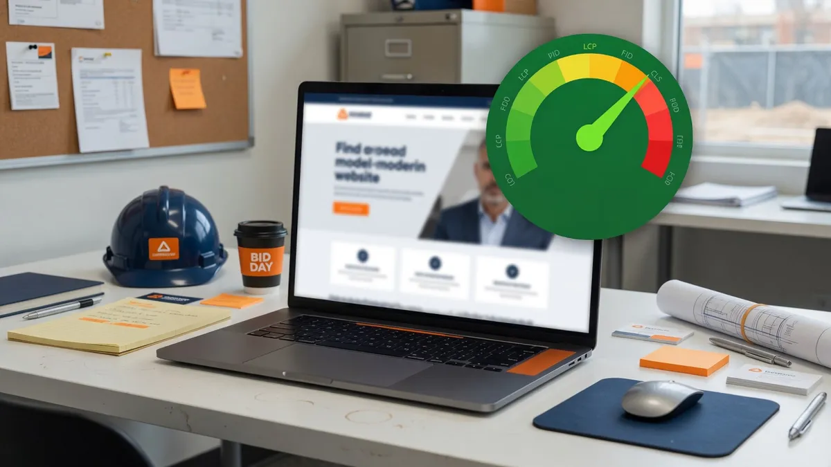 Laptop showing a fast marketing website in a contractor office