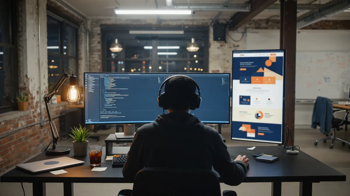 Founder developer workspace with dual monitors in an industrial loft