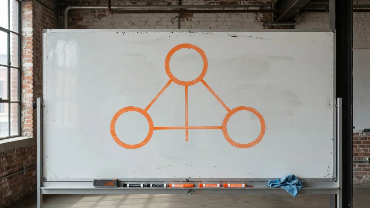 Whiteboard with three focused service circles and connecting lines