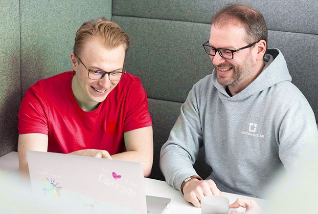 Fachlicher Austausch an einem Laptop als Sinnbild für Mentoring, Betreuung und wissenschaftliches Arbeiten bei einer Bachelor- oder Masterarbeit