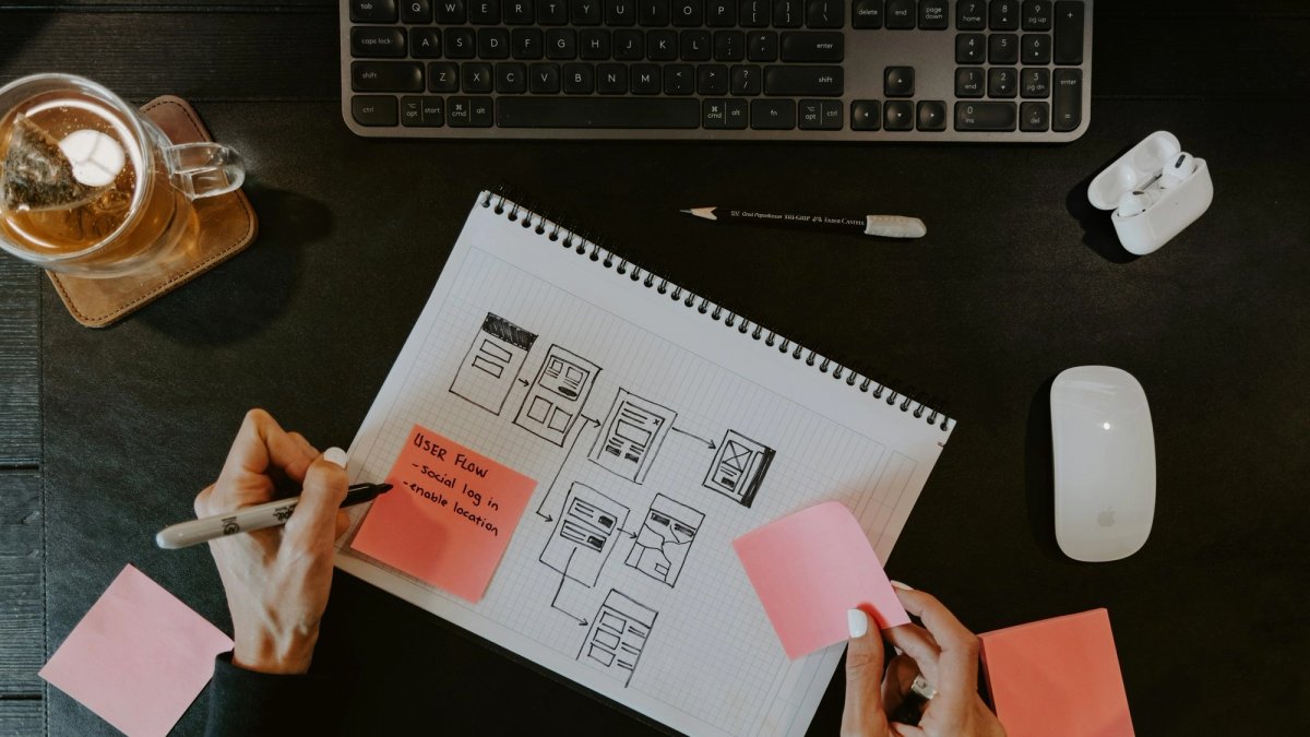 Seen from above, a person sketches an app’s user flow in a grid notebook, screen by screen with arrows, writing on a coral sticky note while a keyboard, mouse and cup of tea sit around the page.