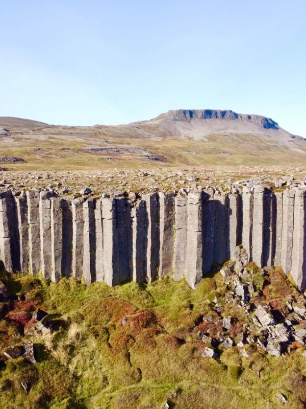 A rugged landscape featuring a cliff of tall, vertical basalt columns, with a flat-topped mountain in the distance under a clear sky.