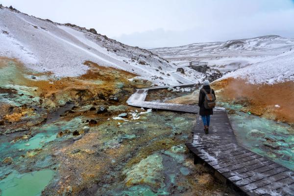 a person is walking across a wooden bridge over a river .