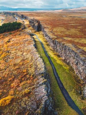 Aerial view of a deep rift valley with a path, surrounded by vibrant autumn landscape and distant water.