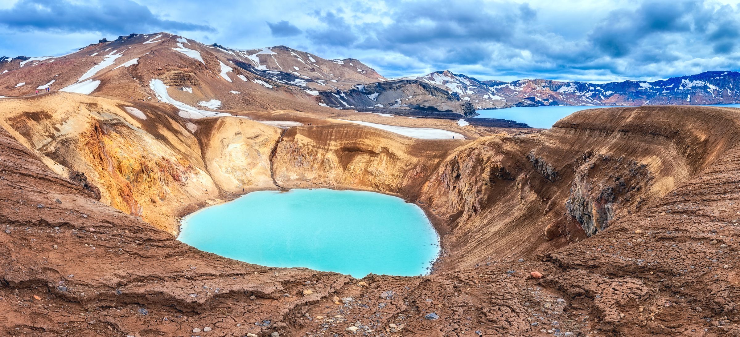 Lago de cráter turquesa en un paisaje volcánico árido con montañas nevadas a lo lejos y otros lagos.