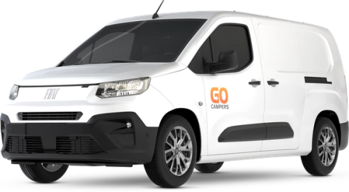 Una autocaravana blanca de Go Campers sobre un fondo transparente