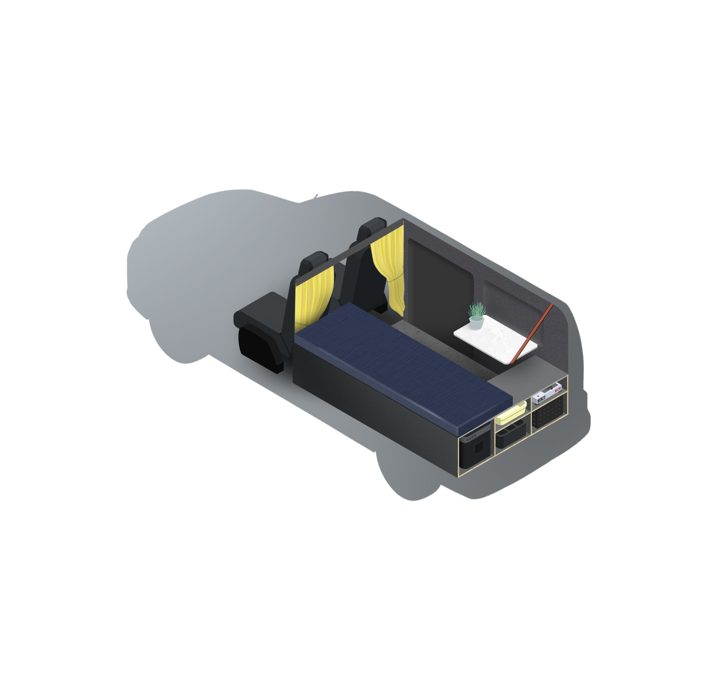Isometric cutaway view of a camper van's interior, showing a bed, small table with a plant, storage units, and yellow curtains.