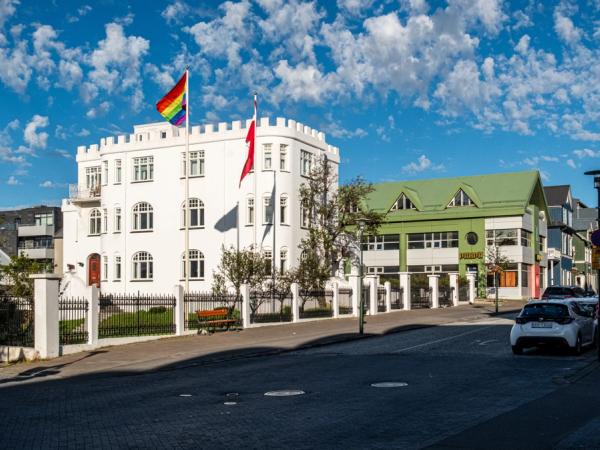 Reykjavík on a summer day in August. Gay pride flag in the background.