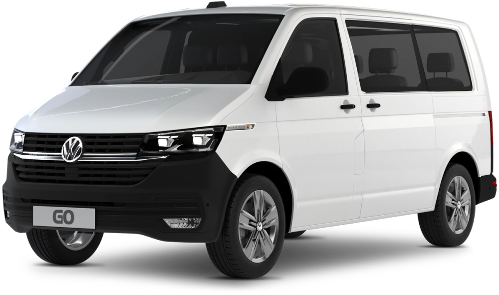 Volkswagen Caravelle Weißer Volkswagen Caravelle als Mietwagen in Island vor transparentem Hintergrund