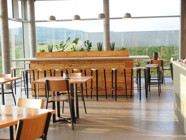 Interior of a modern cafe with floor-to-ceiling windows overlooking a green landscape, featuring a wooden bar with planters and multiple dining tables.