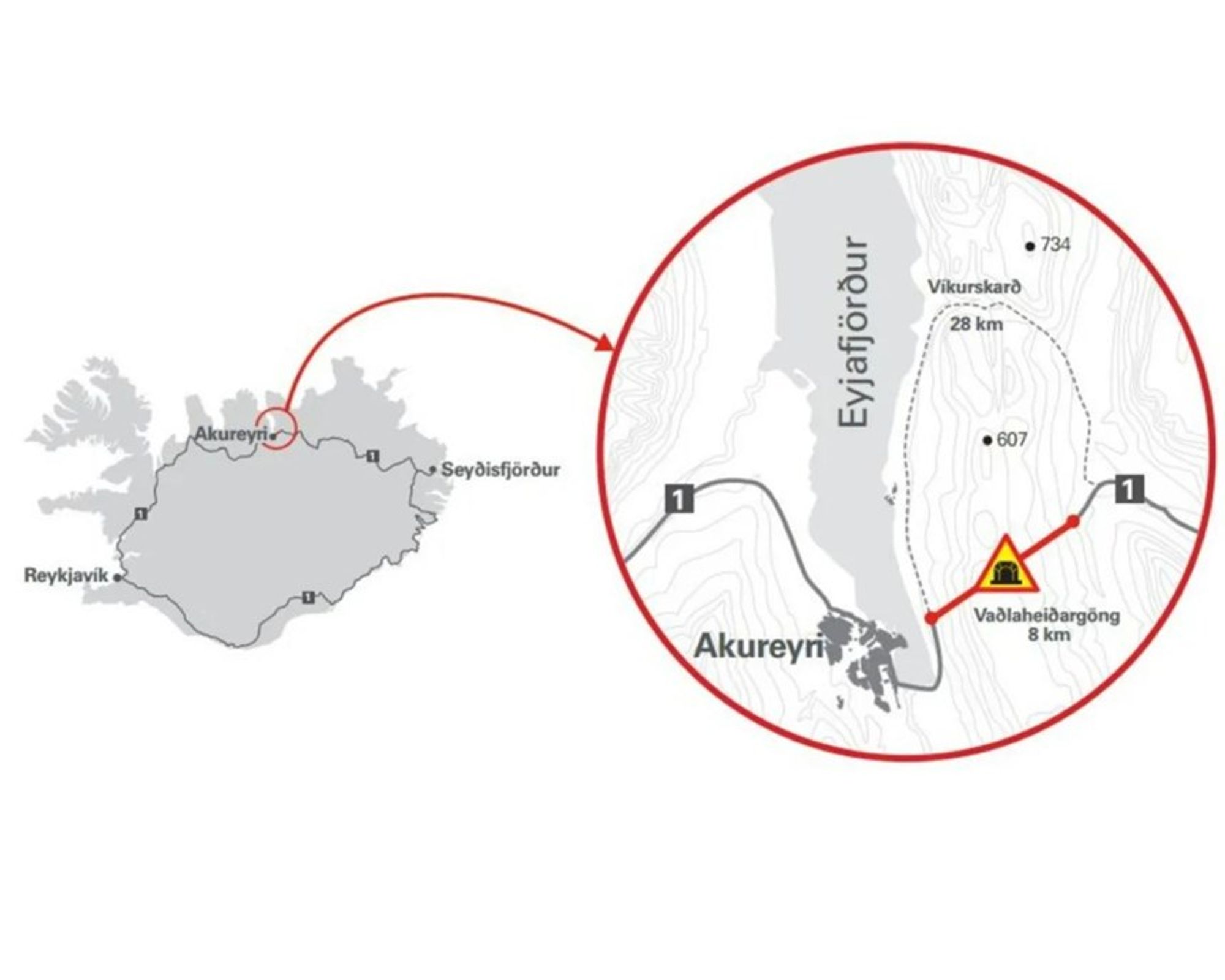 un mapa de Islandia con un círculo rojo alrededor, peaje del túnel de Akureyri.