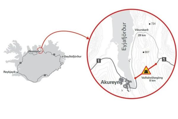 un mapa de Islandia con un círculo rojo alrededor, peaje del túnel de Akureyri.