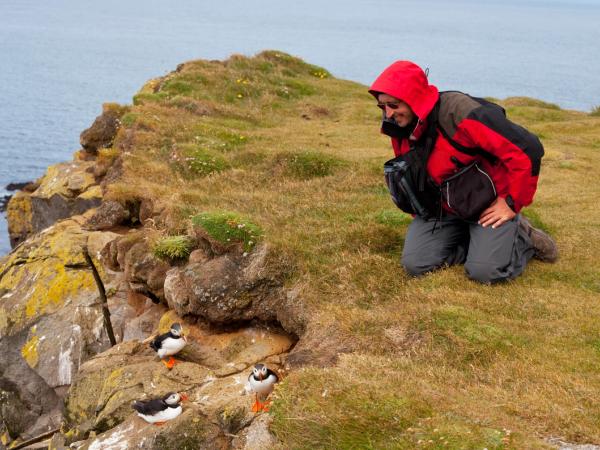 un hombre junto a un grupo de frailecillos en un acantilado