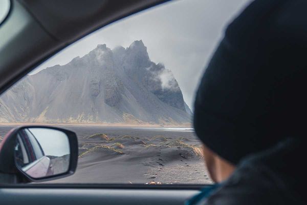 View of icelandic landscapes from the inside of a car