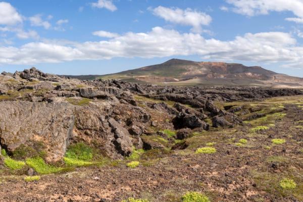 a desert landscape with Kafra volcano in the background and rocks in the foreground .