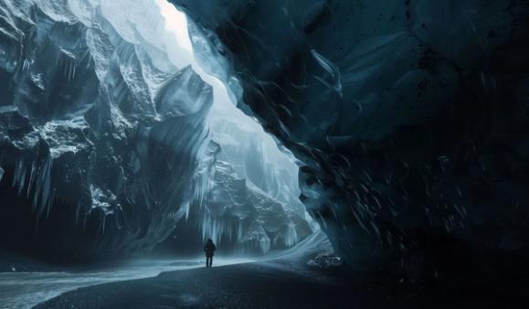 Una persona está de pie en una inmensa cueva de hielo azul llena de estalactitas, mirando hacia una abertura luminosa.