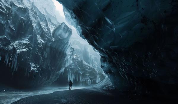 Person in a vast blue ice cave with icicles, looking towards a bright opening.