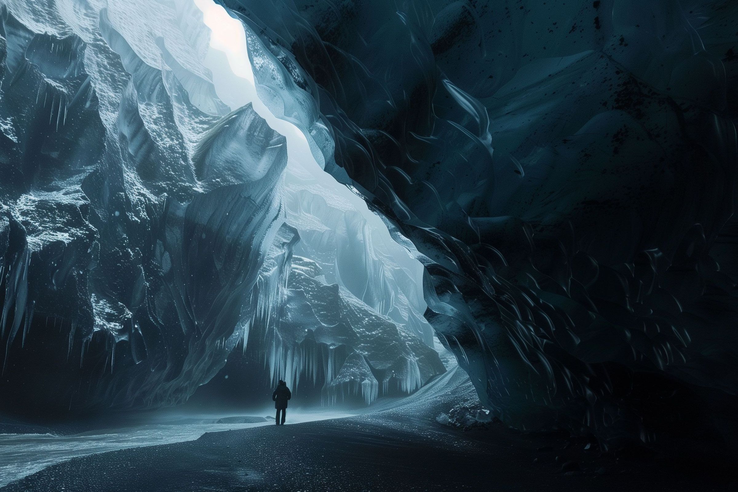 a person inside an ice cave
