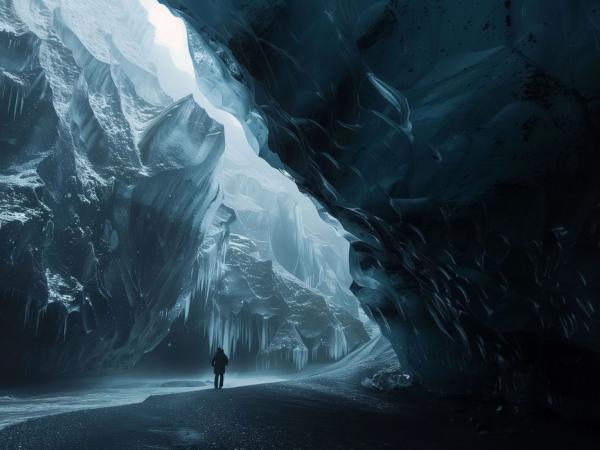 A person stands in a vast blue ice cave with light glowing from the entrance.