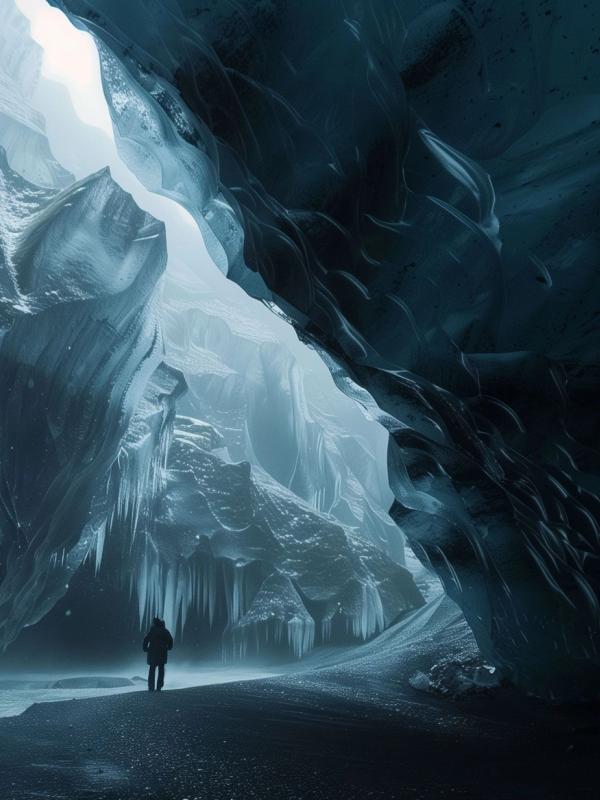 Man inside a dark Katla Ice Cave