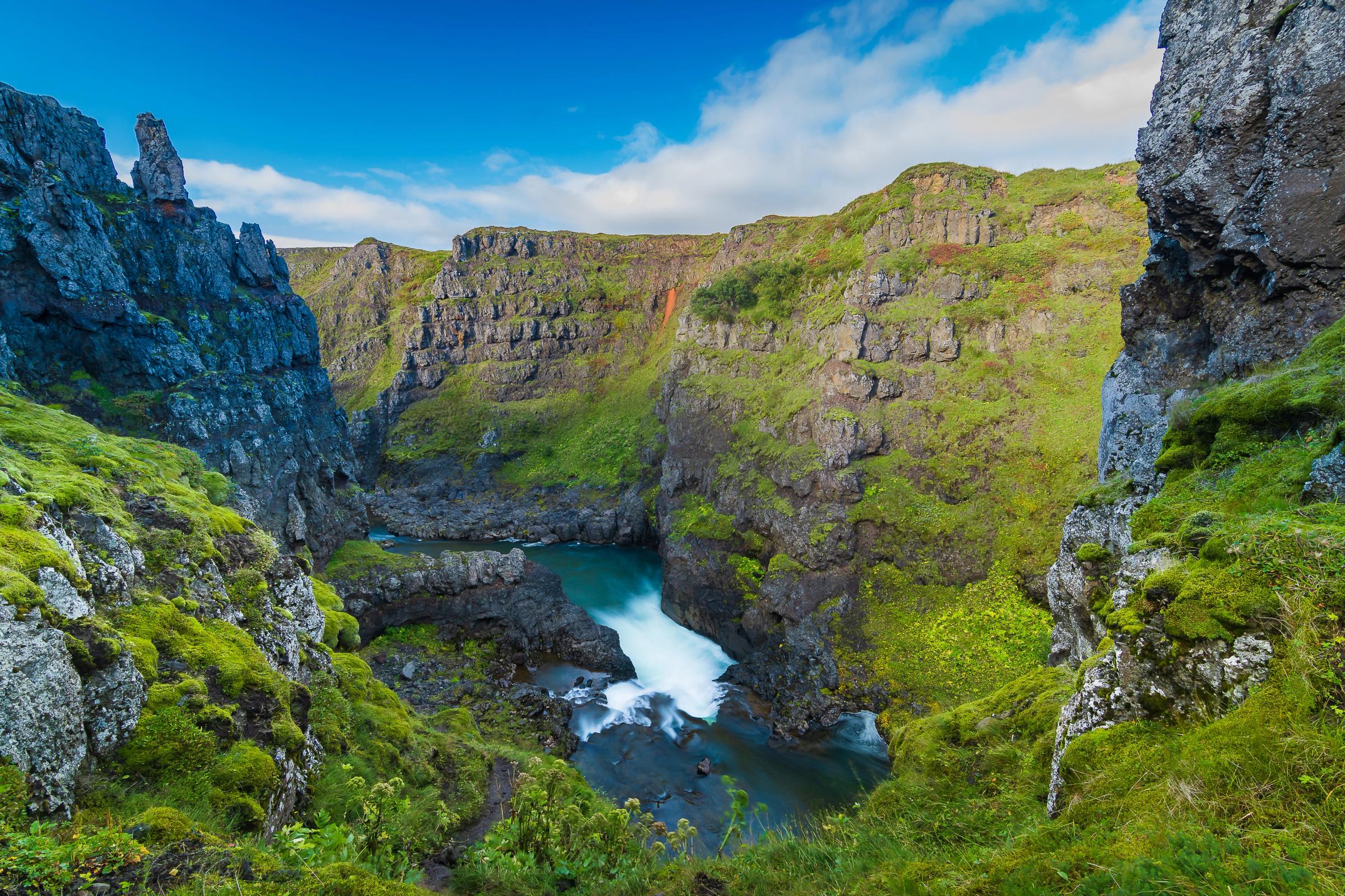 A deep moss-covered canyon with a river running through it under a blue sky.