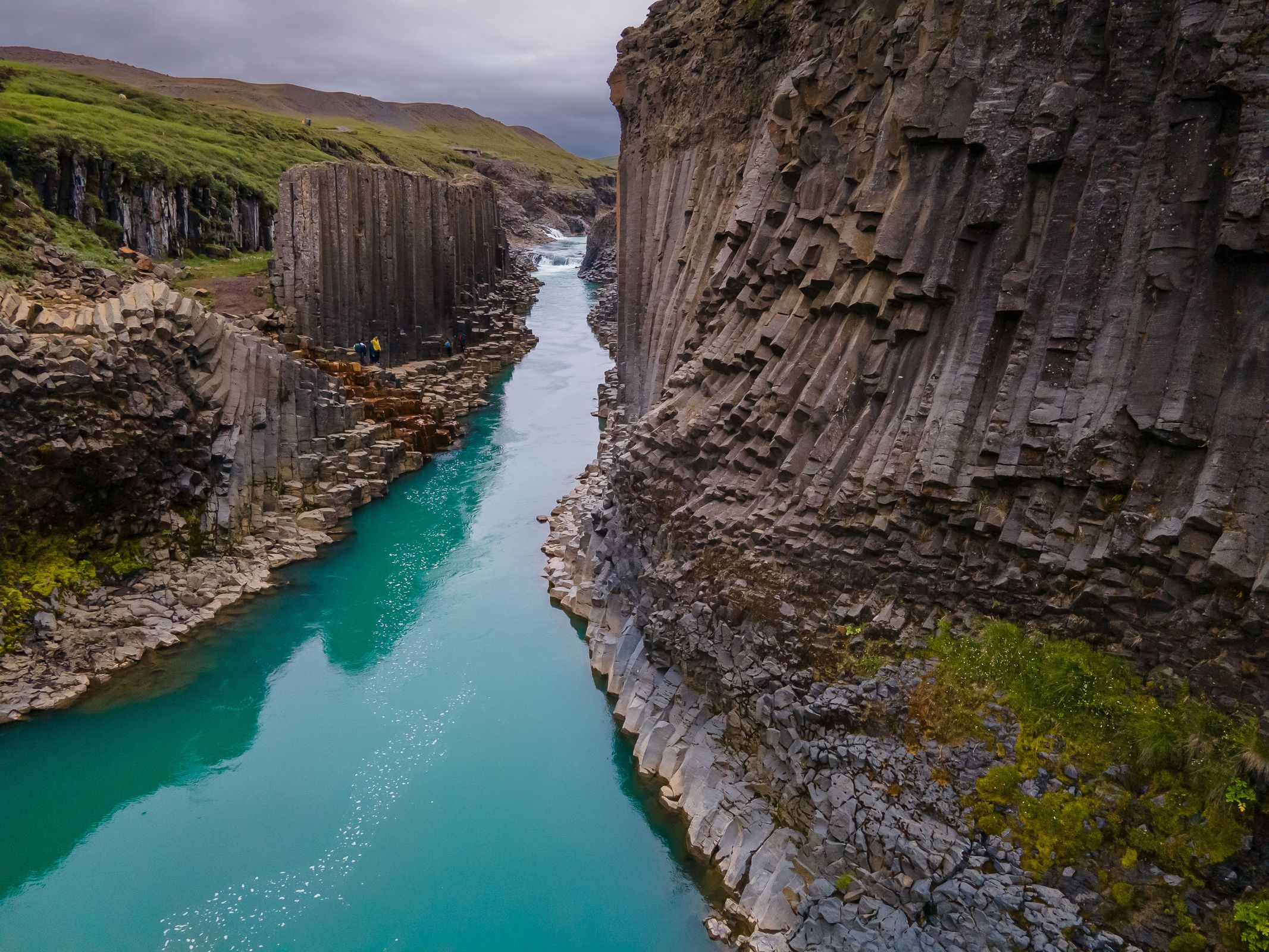 Aerial view of Studlagil Basalt Canyon with its basalt columns