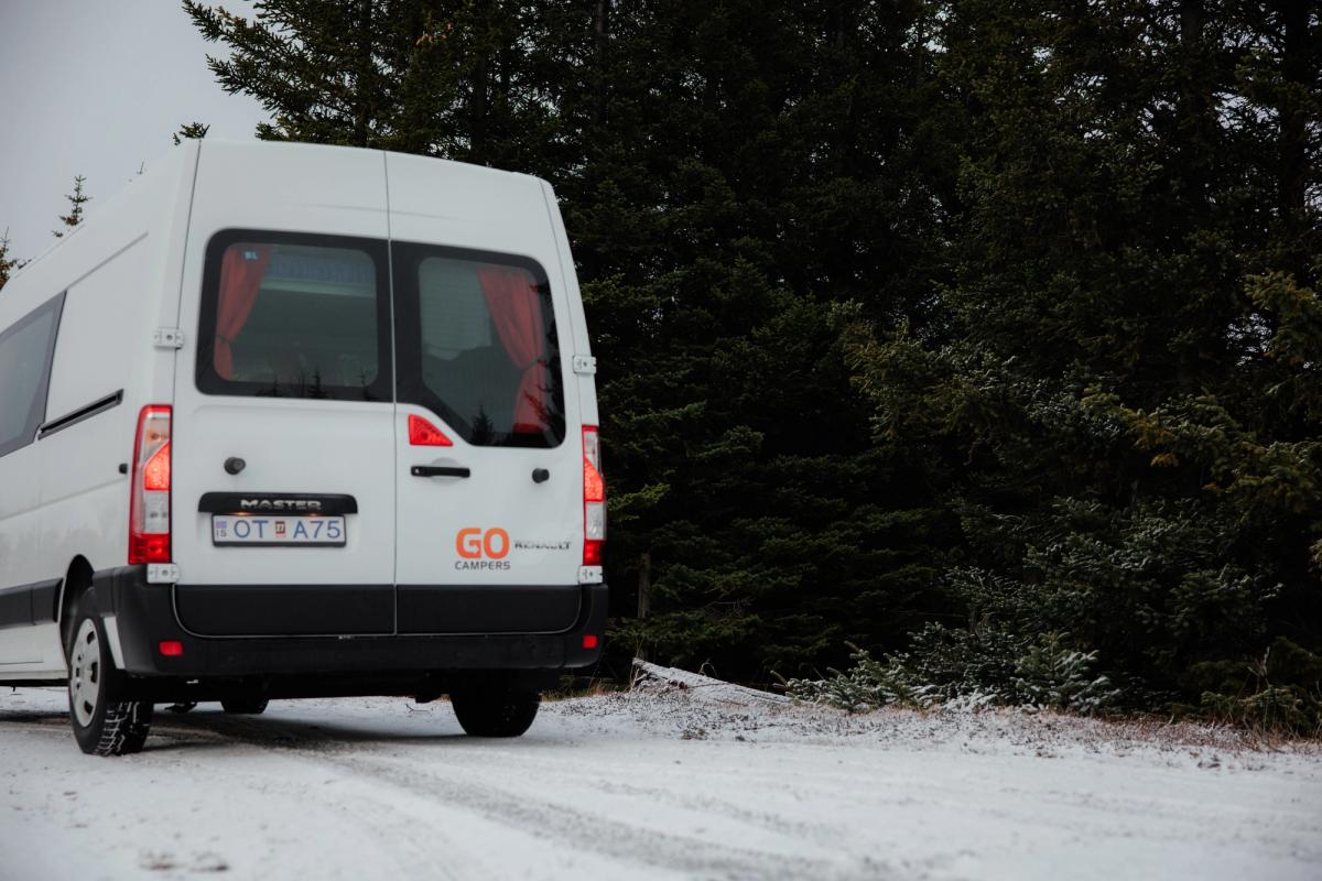 Ein geräumiger Camper für 5 Personen mit Vorhängen an den Heckfenstern neben dichten Nadelbäumen – Island auf eigene Faust