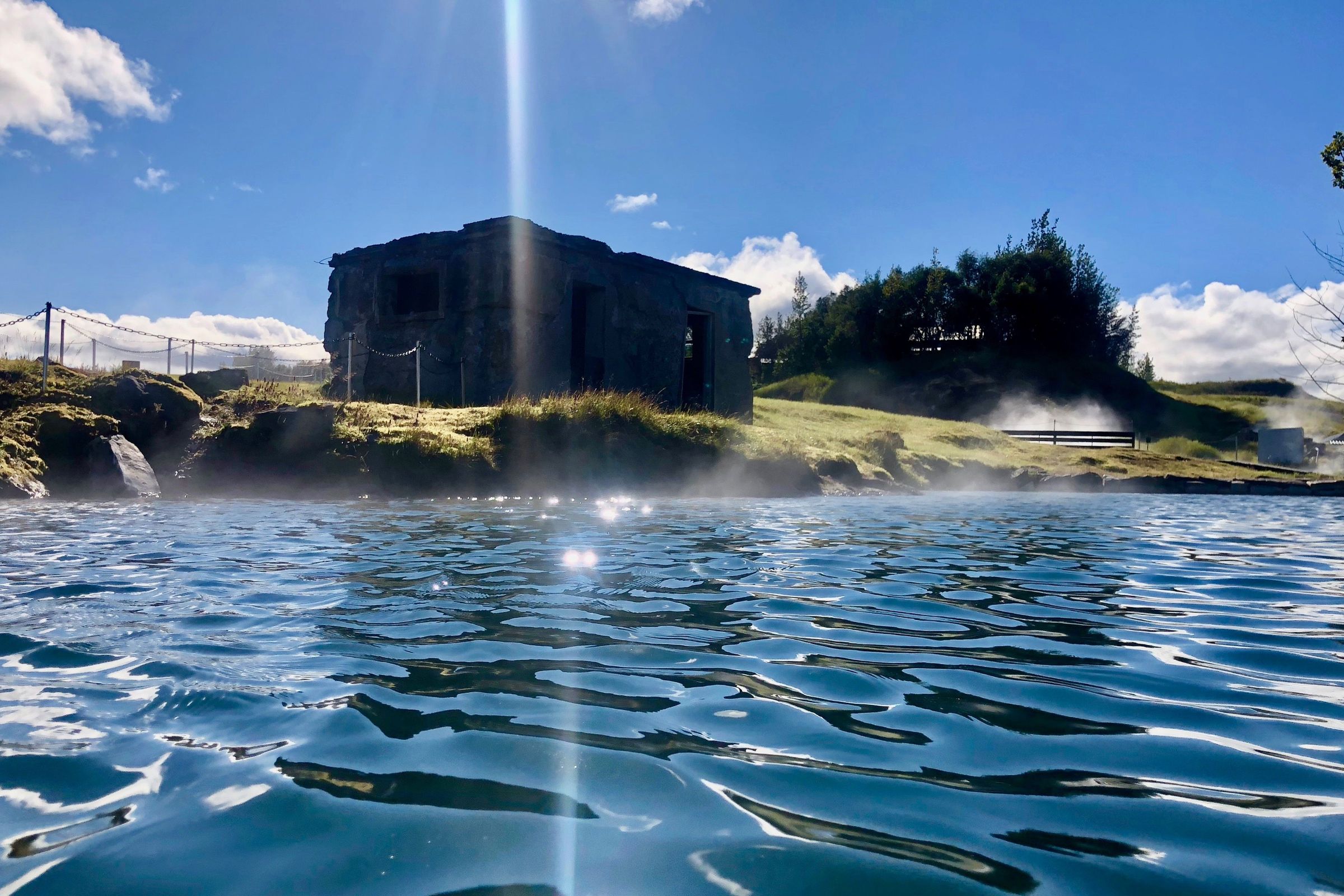 Secret Lagoon, Iceland, on a sunny day