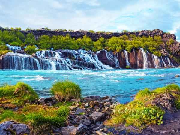 Closeup panoramic of Hraunfossar Waterfall