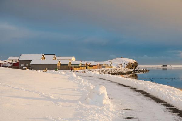 A snowy path leads past a winter village on a coastline with calm water under a dramatic sky.