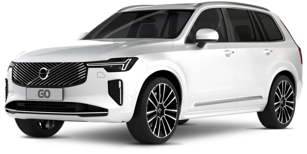 透明背景上的白色沃尔沃 XC90 租赁汽车产品图，可在 Go Car Rental Iceland 预订