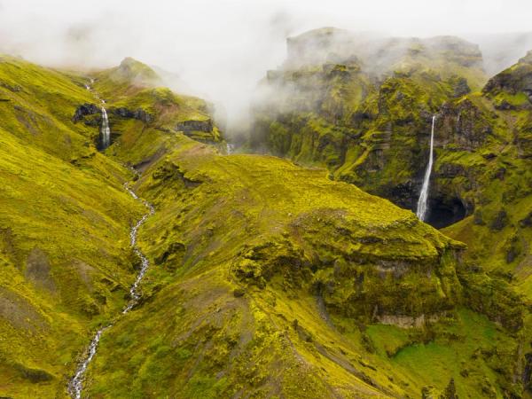Aerial view of the Mulagljufur canyon with the waterfalls Hangandifoss and Mulafoss