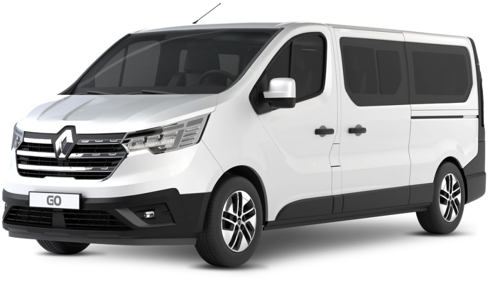 Ein weißer Renault Trafic mit neun Sitzplätzen ist vor einem transparenten Hintergrund abgebildet.