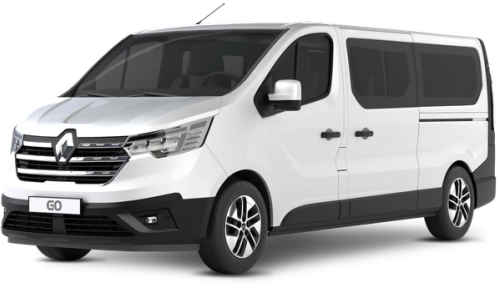 Renault Trafic Automatic 9 seater van A white Renault Trafic 9 seater van is shown on a transparent background.