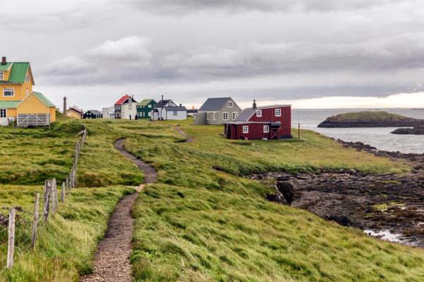 A winding dirt path leads through green coastal hills dotted with colorful houses under a cloudy sky.