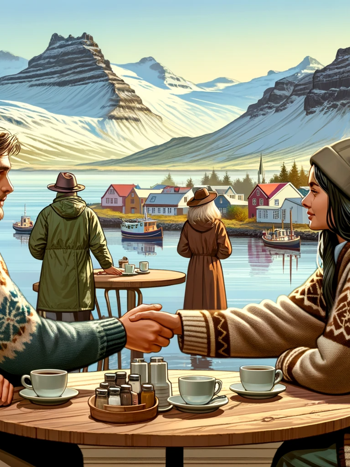A man and woman shake hands across a cafe table with a scenic view of snowy mountains, a fjord, and a colorful coastal town outside.