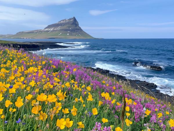 Mar con la montaña de Kirkjufell al fondo