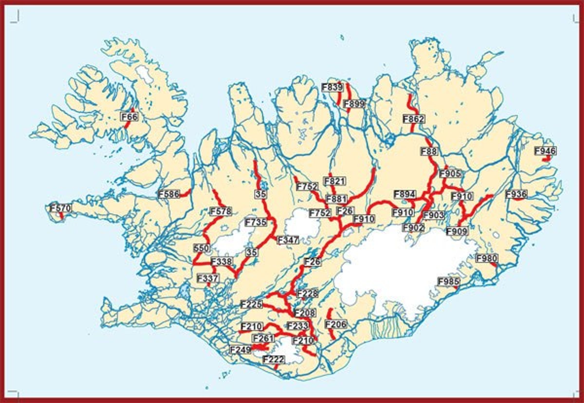 Mapa de las carreteras F en Islandia