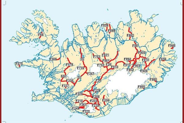 a map of iceland with red lines of the highland roads.