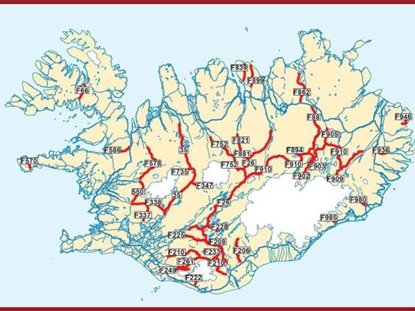 Mapa de las carreteras F en Islandia