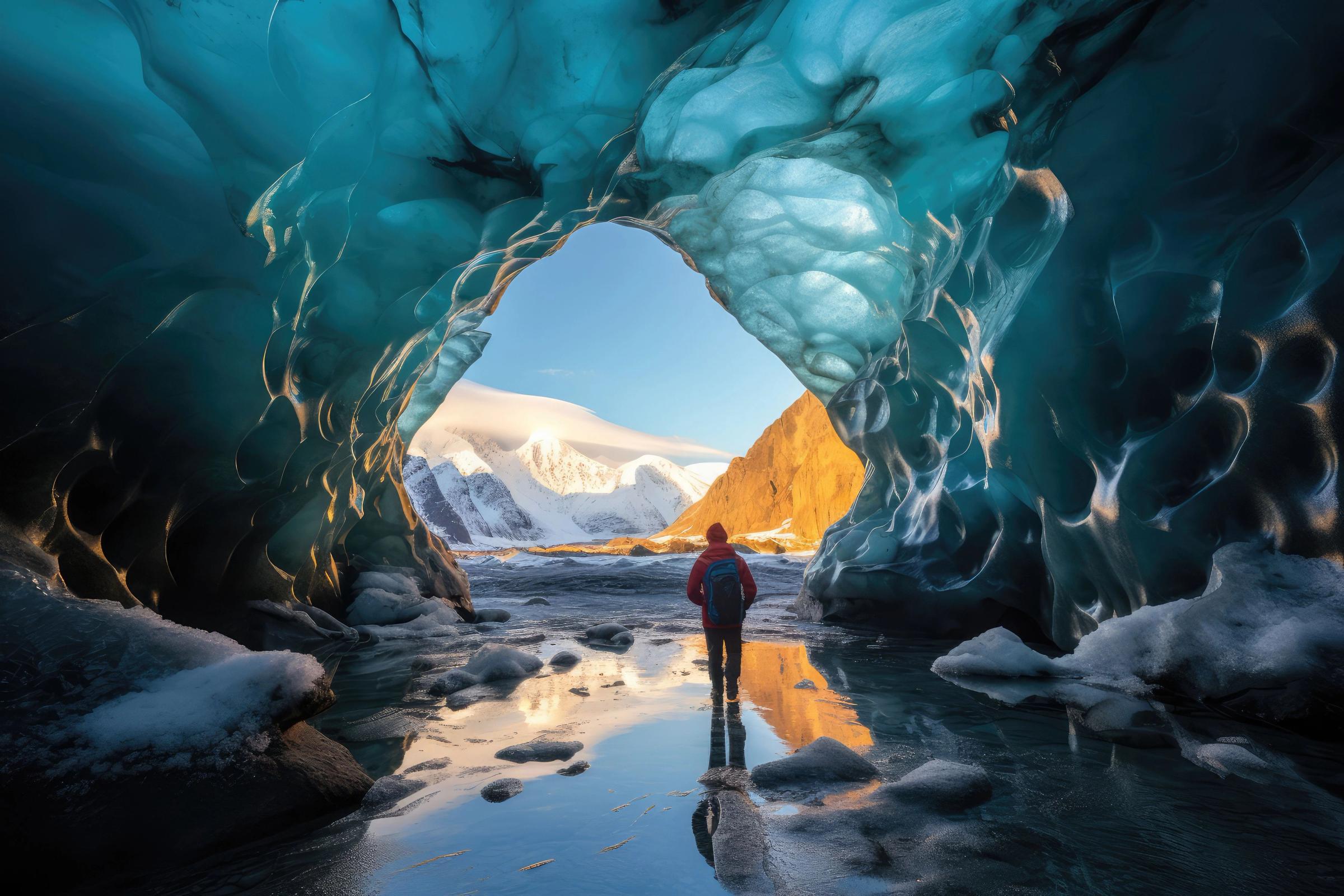 Persona dentro de una cueva de hielo en Islandia