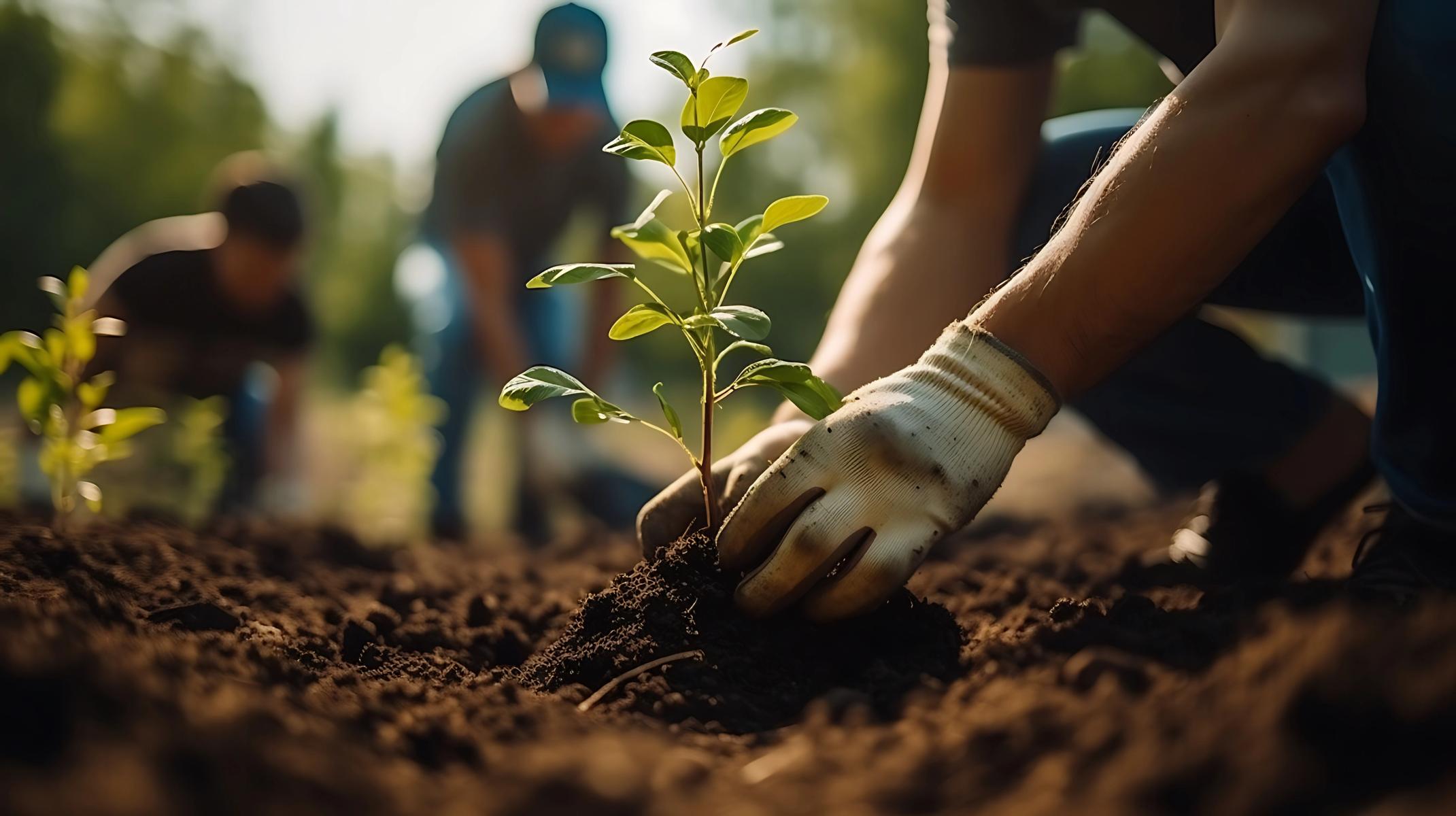 Gloved hands planting a small tree in soil, with blurred figures working in the background.