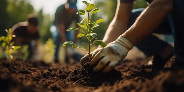 Gloved hands planting a small tree in soil, with blurred figures working in the background.