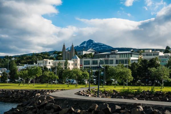 a city with a mountain in the background and a path leading to it .