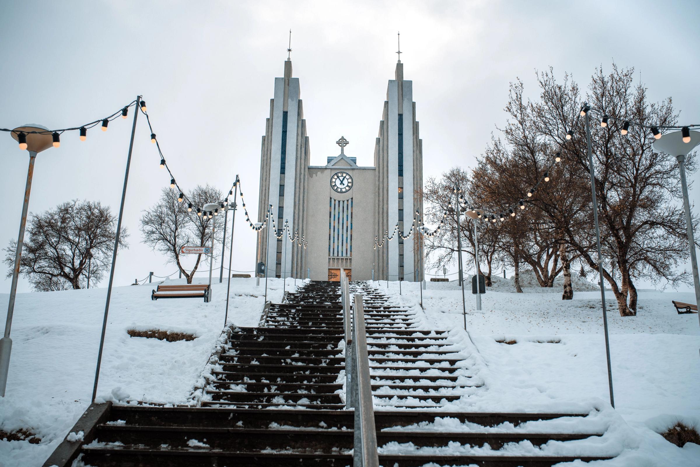 Snow streets near the church in Akrueyri